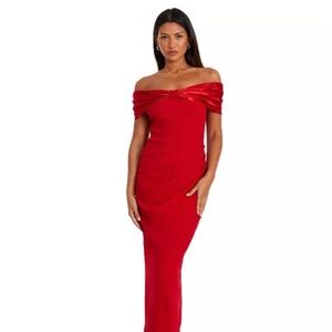 Quiz Dress Size 2 NEW Red Scuba Crepe Satin Bardot Ruched Maxi Evening Gown